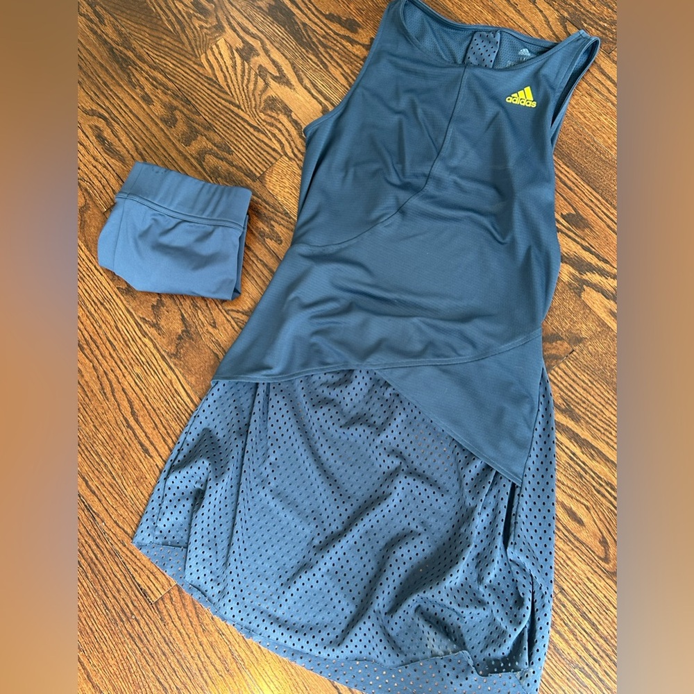 adidas Navy Blue Backless Athletic Dress with Lime Logo